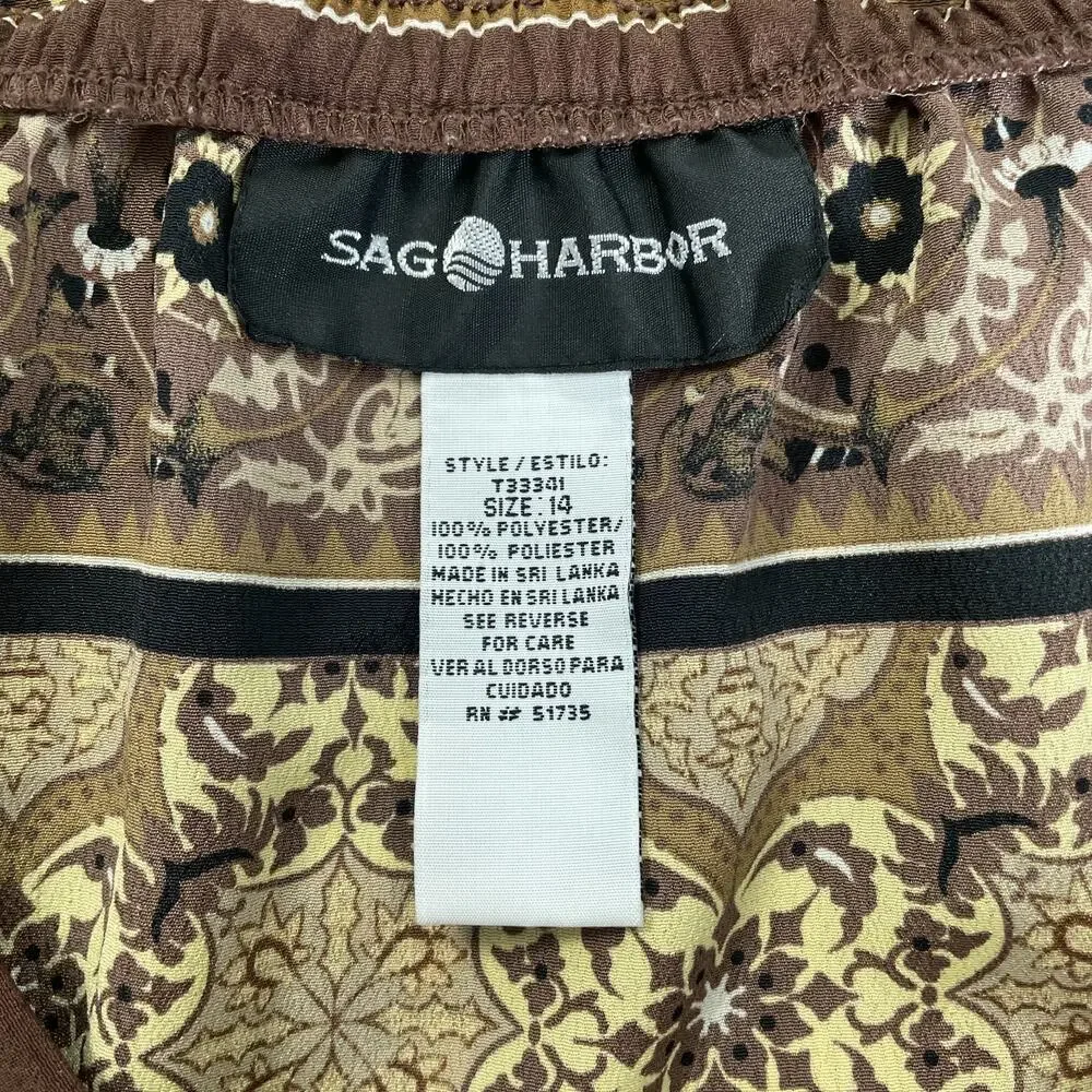 Y2K Midi Skirt Size 14 Brown Medallion Scarf Print Faux Wrap Column Boho Vtg 90s